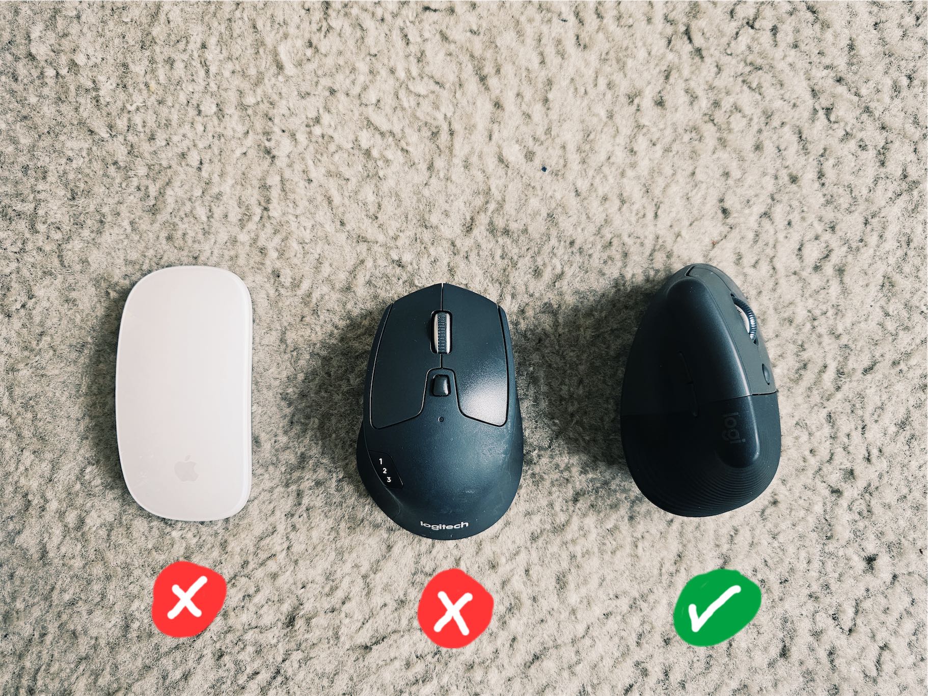 Photo of the mice I've used. Annotated icons below the mice indicating the Logi Lift is the winner.
