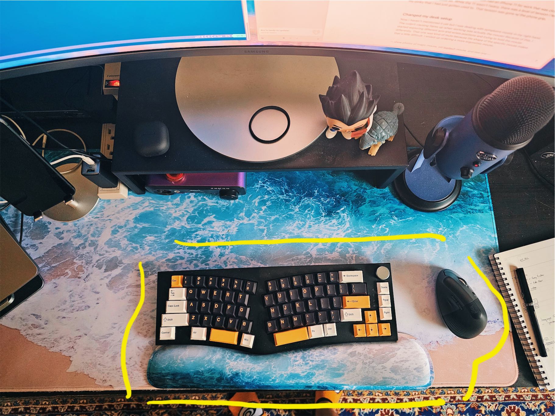 Overhead photo of my desk. Annotated lines around the keyboard, mouse and wrist pad.